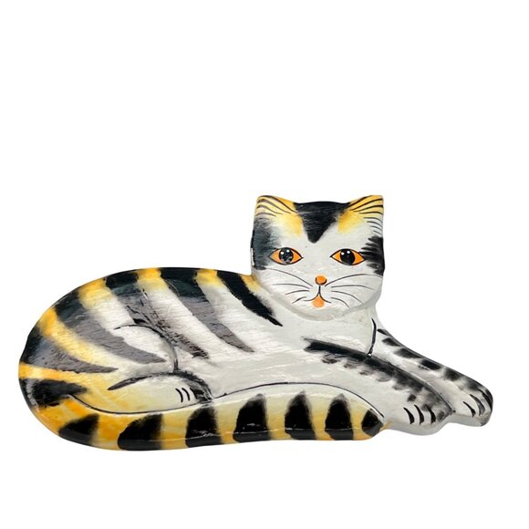 Vintage Handcrafted Wooden Cat Kitty Artisan Brooch Pin Orange Black Striped - Picture 2 of 7